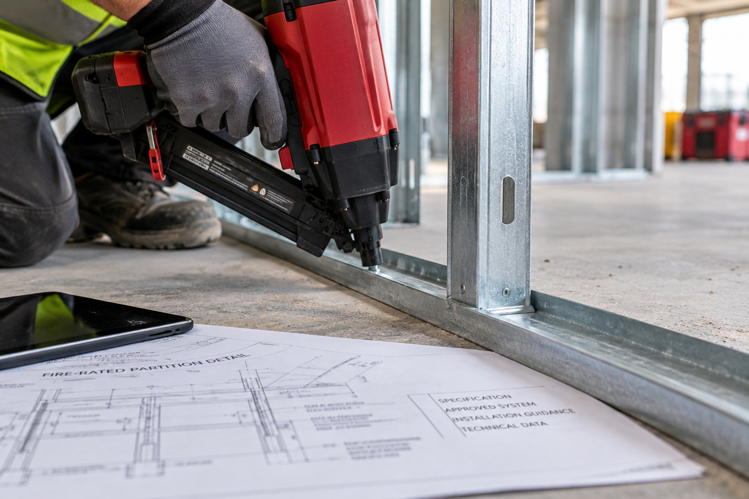 Construction worker using a Sympafix gas-fired fixing tool to secure metal track to a concrete floor beside fire-rated partition drawings.
