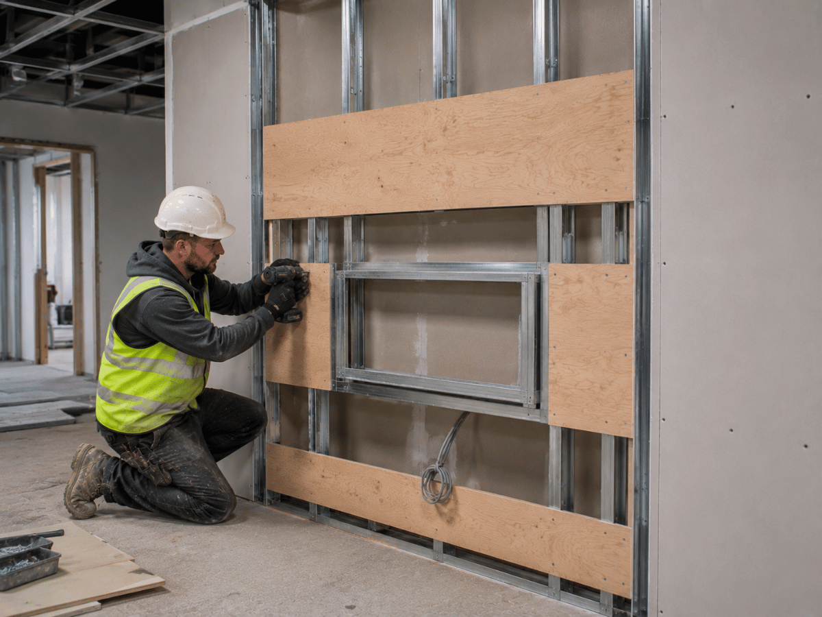 Plywood support boards installed within drylining systems for joinery applications