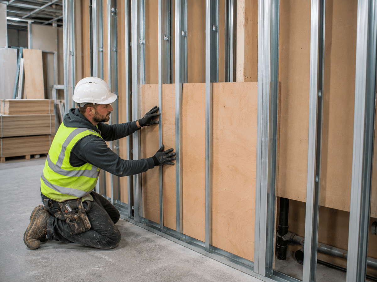 Plywood reinforcement boards installed within metal stud partition systems