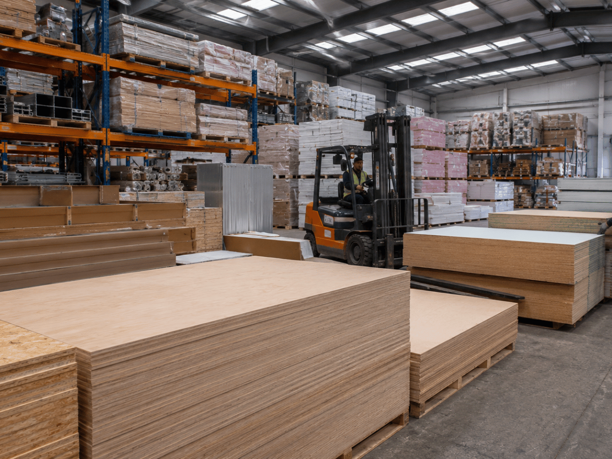 Plywood, MDF and sheet timber materials being prepared for delivery within a commercial drylining warehouse environment