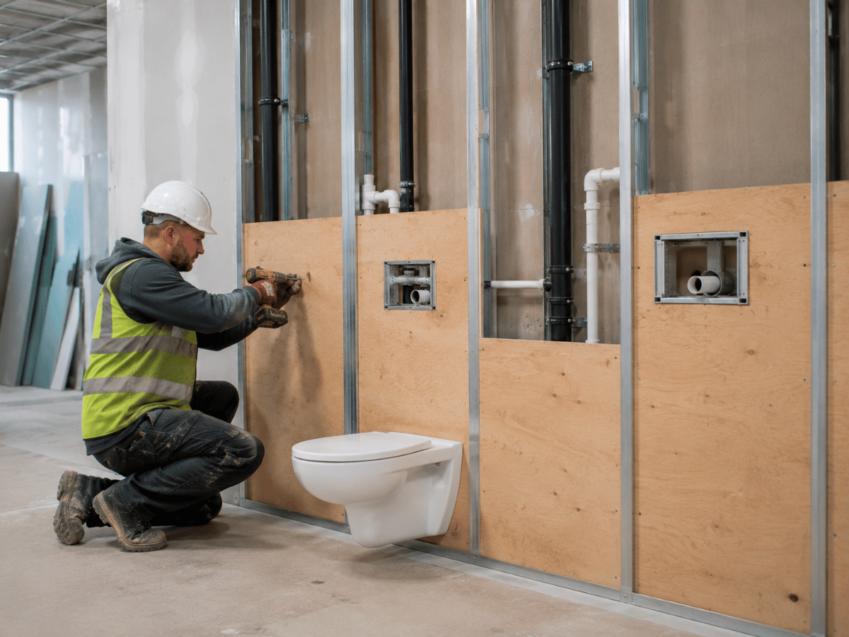 Plywood backing boards installed behind sanitaryware within drylining partition systems