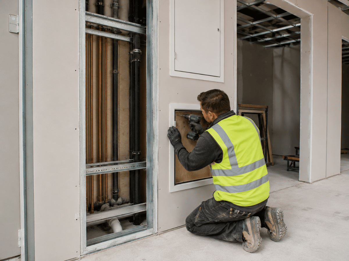 Riser cupboards and access panel installations within commercial drylining systems
