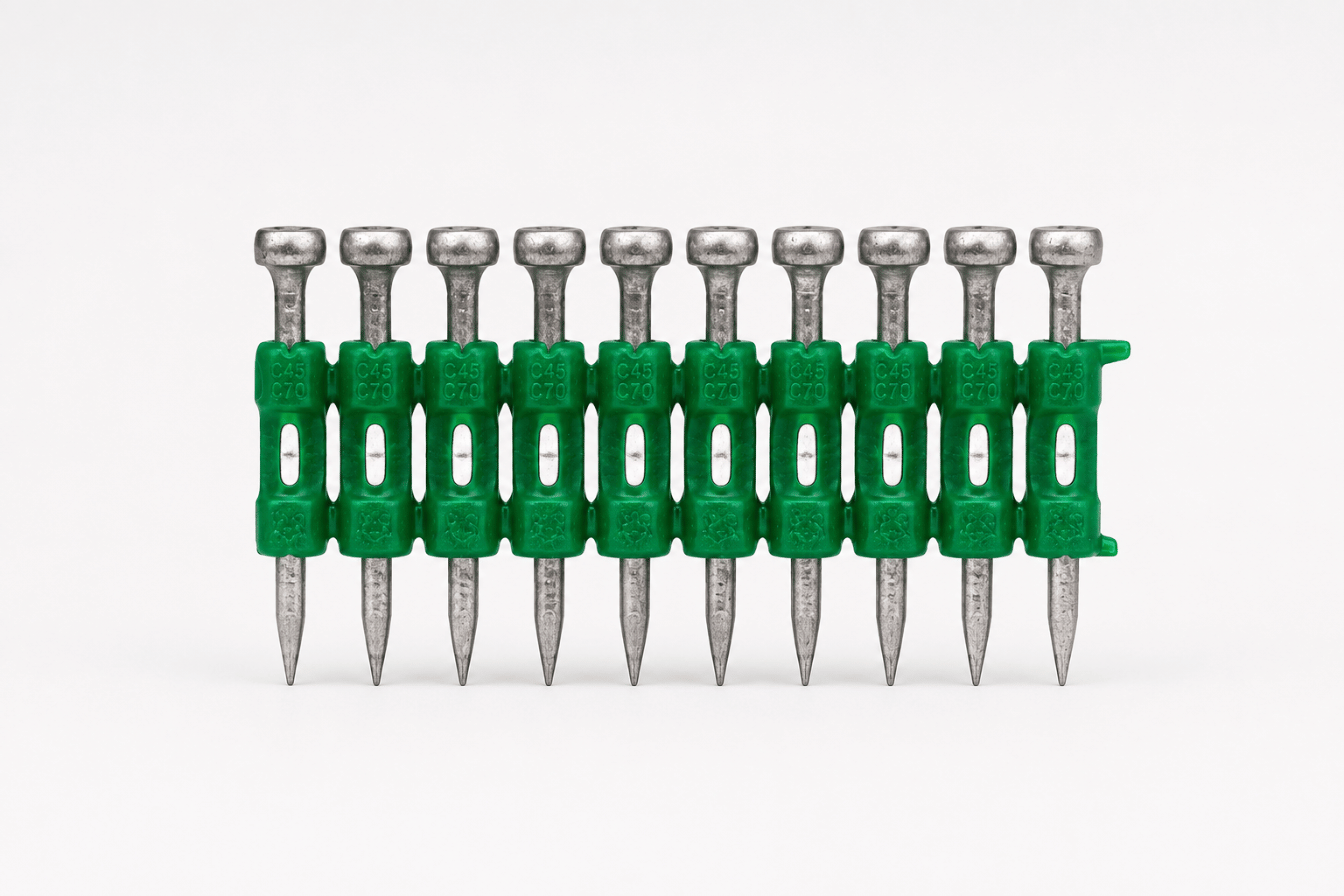 Sympafix collated gas nails for fixing metal track in drylining applications.
