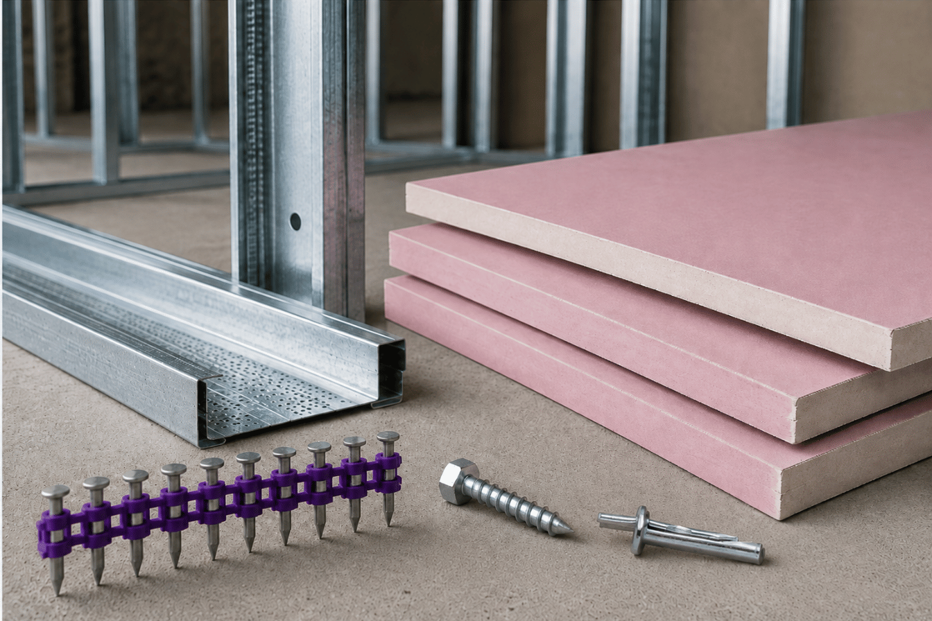 Siniat fire-rated plasterboard, metal drylining track and Sympafix gas nails, concrete screw and ceiling anchor.